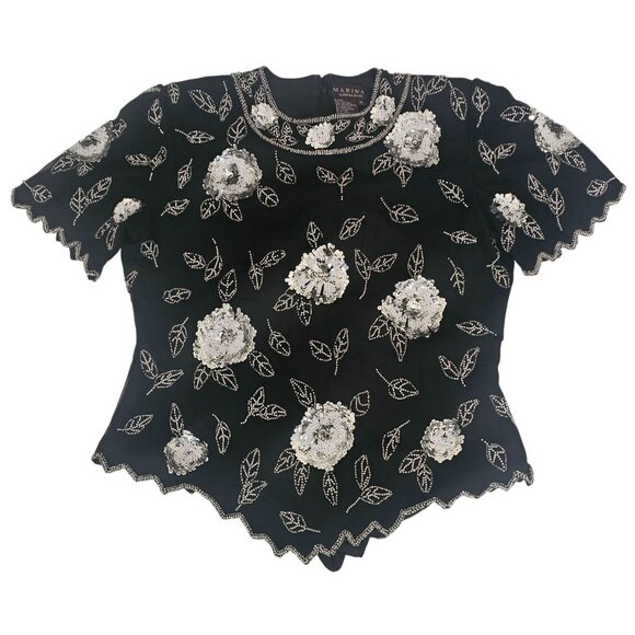 Marina By Marina Bresler Vintage Sequined & Beaded Scalloped Edge Blouse Medium - Picture 1 of 14